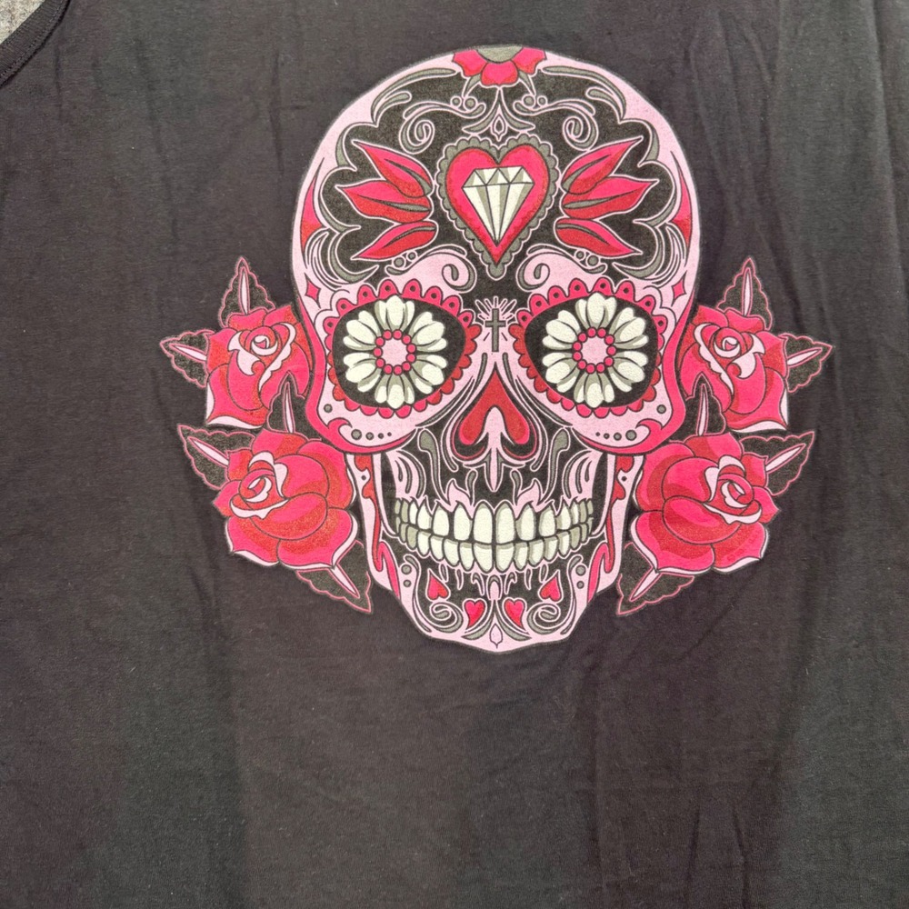 Y2K Goth Sugar Skull Tank Black Rose Graphic Grunge Edgy Alt Top L New